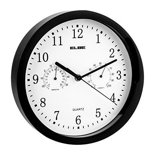 Horloge Murale - ELBE - RP-1005-N - 25 Cm - Thermomètre - Hygromètre - Noir