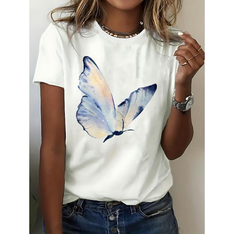 Summer Butterfly Women's  Print T-Shirt - Casual Short Sleeve Top with Pastel Blue & Pink Design Machine Washable for Everyday Spring/Summer Wear