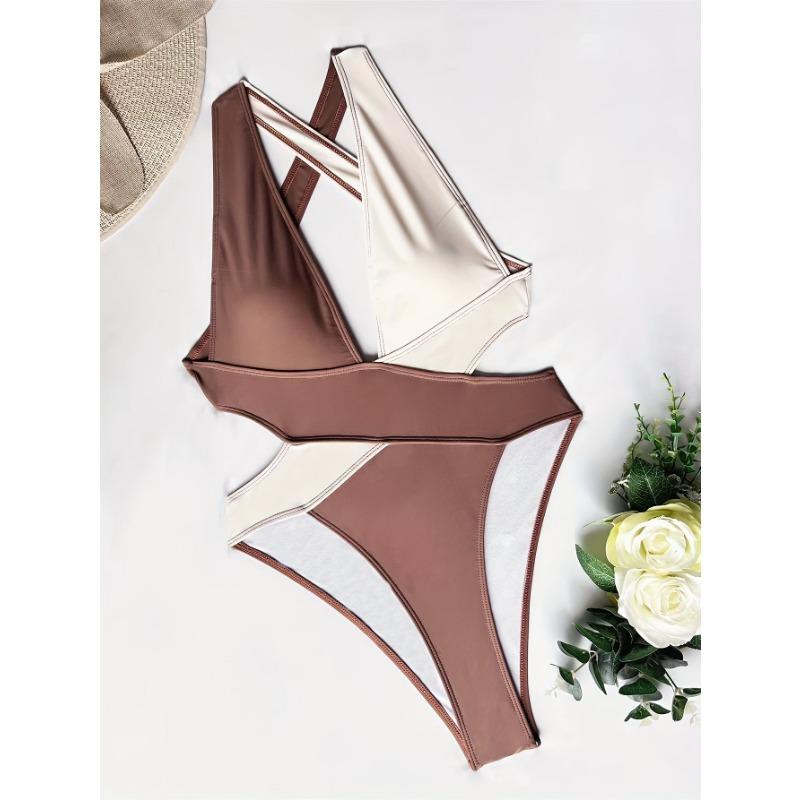 Women's Color Block Cross V-Neck Cutout One-Piece Swimsuit