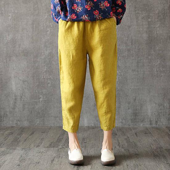 Women Spring High Waist Solid Color Pockets Loose Trousers Ninth Harem Pants