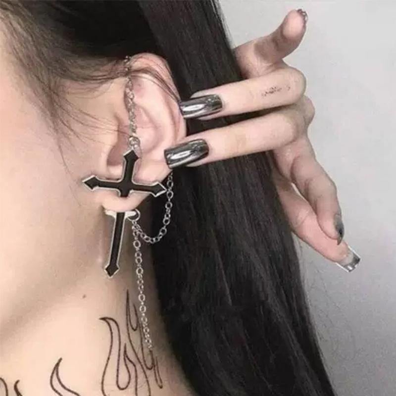 2pcs 2026 Punk Gothic Cross Earrings Men Women Metal Long Chain Tassels Piercing Jewelry Black Cross Ear Studs Gifts Accessories