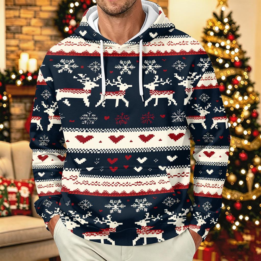 Men's Long Sleeve Hooded Sweatshirt with Christmas Print for Holiday Casual Wear