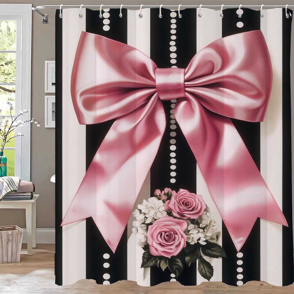 Modern Love Pink Bow Printed Shower Curtain Partition Privacy Hanging Home Decoration Curtain With Hooks Machine Washable