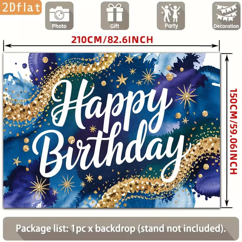 2D Birthday Photography Backdrop Blue Gold Watercolor with Star and Confetti Background