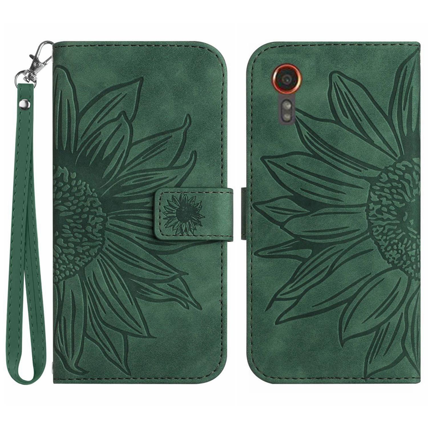 

HT04 Кожаный чехол-кошелек для телефона Samsung Galaxy Xcover7 с ремешком на руку, с рисунком подсолнуха Dark Green