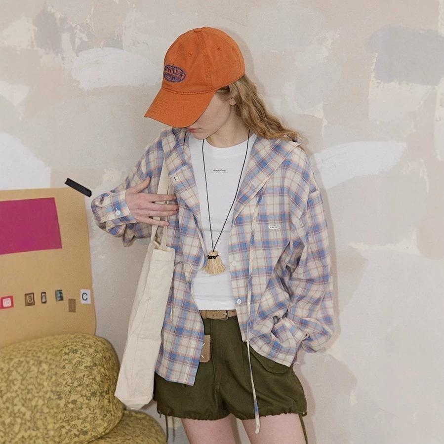 [Light summer blues] Summer new fresh plaid hooded sunscreen shirt fresh versatile top women