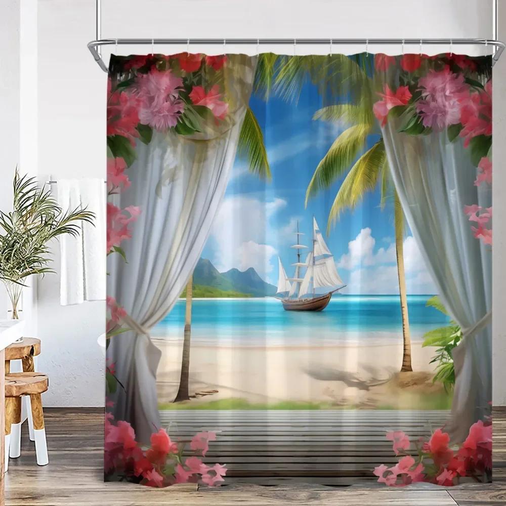 Moderní Krása Plážová Krajina Sprchový Závěs Letní Dovolená Plážová Krajina Plachtění Koupelnová Dekorace Sprchový Závěs