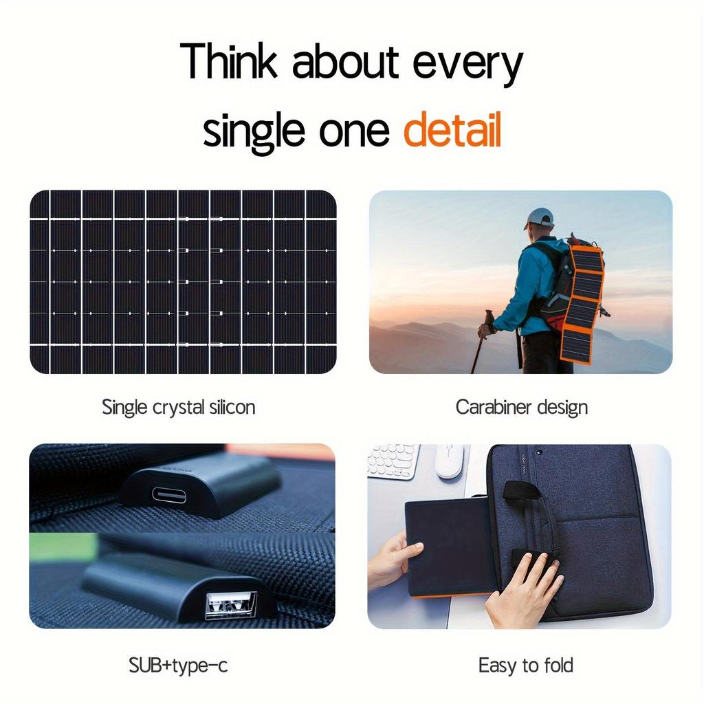 Foldable solar panel chargers, suitable for mobile phones, power banks, and tablets. Ideal for camping, hiking, and backpacking