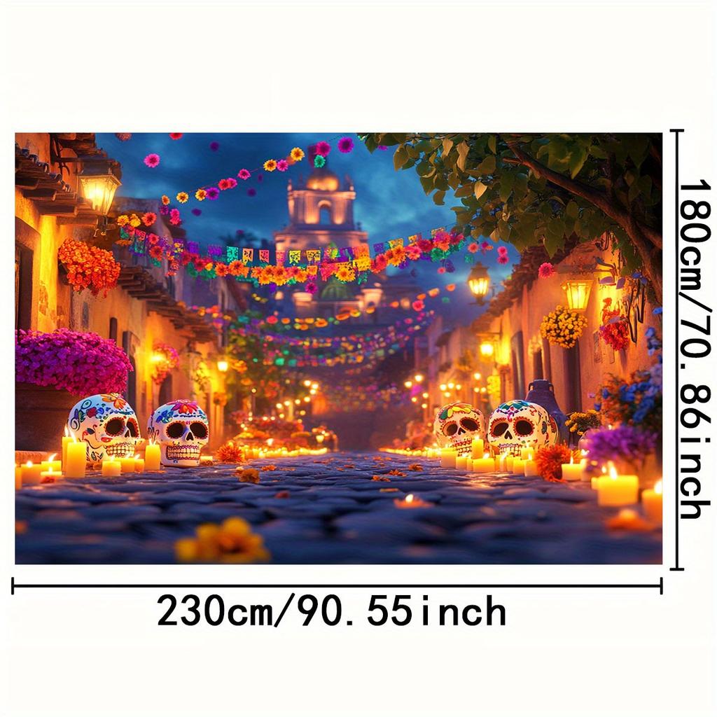 1 Day of the Dead party banner - Bright sugar skull street scene with colorful flowers & lanterns, polyester background fabric