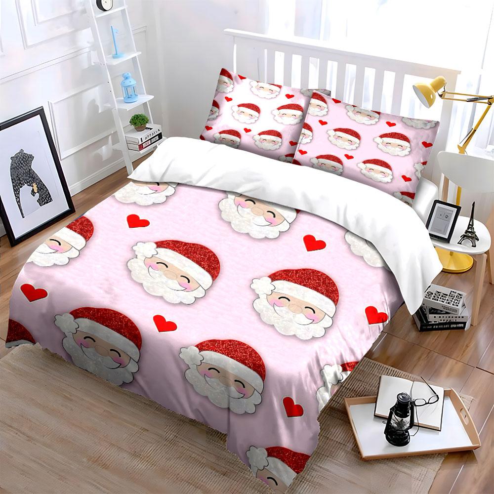 Smiling Santa and Hearts Print Bedding Duvet Cover Set Duvet Cover Pillowcases  (1*Duvet Cover 2*Pillowcases, Without Duvet Insert)