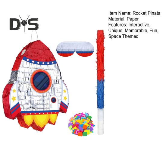Pull String Rocket Ship Pinata Rocket Pinatas with Blindfold Bat Stick Confetti for Kids Space Themed Birthday Party Supplies