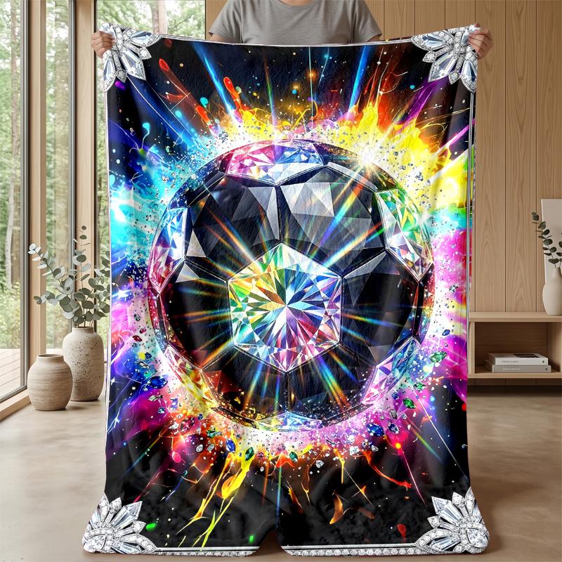 Diamond Soccer Ball Art Blanket Personalized Name Flannel Blanket Soft Cozy Plush Throw for Sofa Bed Lightweight Home Decor