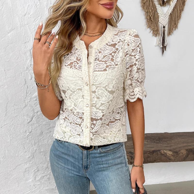 Womens Lace Crochet Short Sleeve Blouse With Round Neck Button Down Casual Hollow Out Top