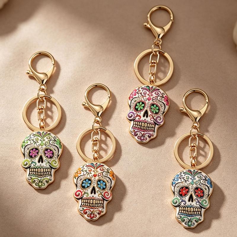 Halloween Skull Keychain Charm, Floral Skull Bag Charm with Alloy Hardware, Lobster Clasp and Round Key Ring for Keys