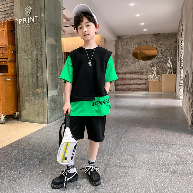 

Summer Children Boy Clothes Set Kid Two-piece Letterr Printed T-shirts and Shorts 2 Pieces Suit Teenage Top Bottom Outfits 110 чёрный