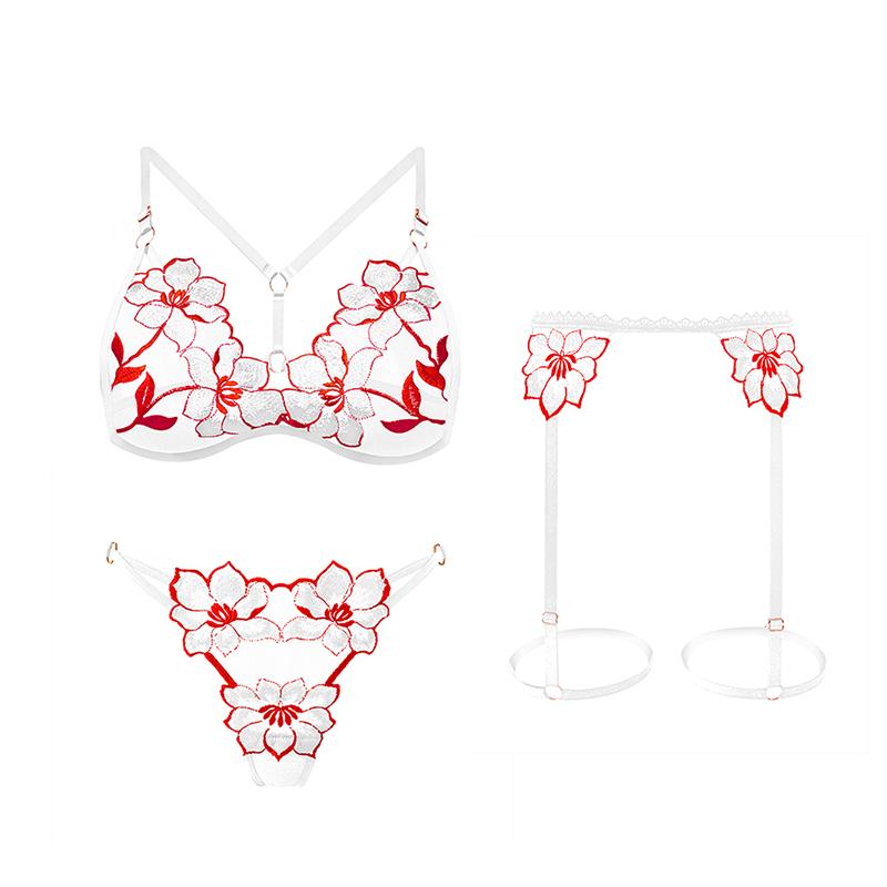 Erotic Lingerie Hot See-Through Embroidered Bra Female Large Size Passionate Temptation Sexy Panties Garter Three-Piece Suit