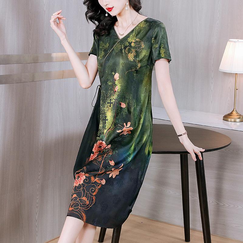 Elegantes Retro-Grünes A-Linien-Kleid - Sommermode 2024, Kurzärmelig, Lang und Schick für Damen