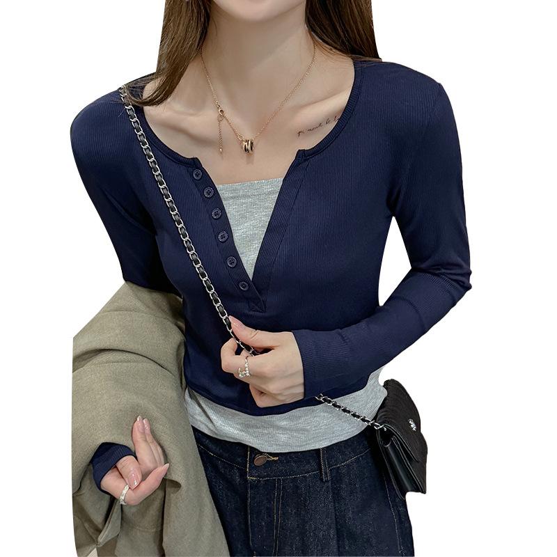 Předjaří podzimní design mimo ramena tričko s dlouhým rukávem dámská základní košile špičkového volného střihu lze nosit jako svrchní oděv