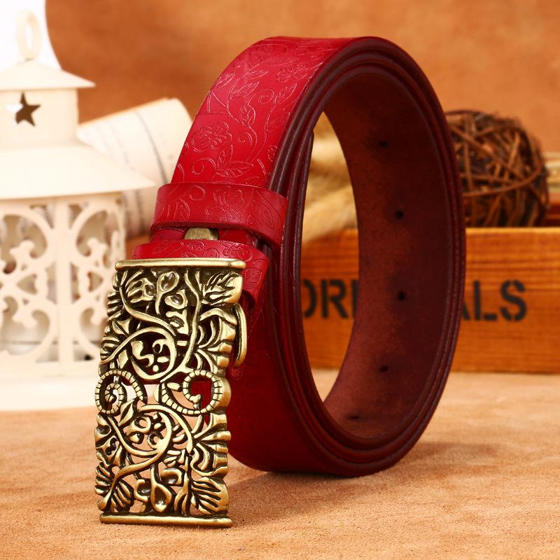 Women'S Engraved Hollow Smooth Buckle Printed Cowhide Belt Wide Waist Seal Jeans With Moisture