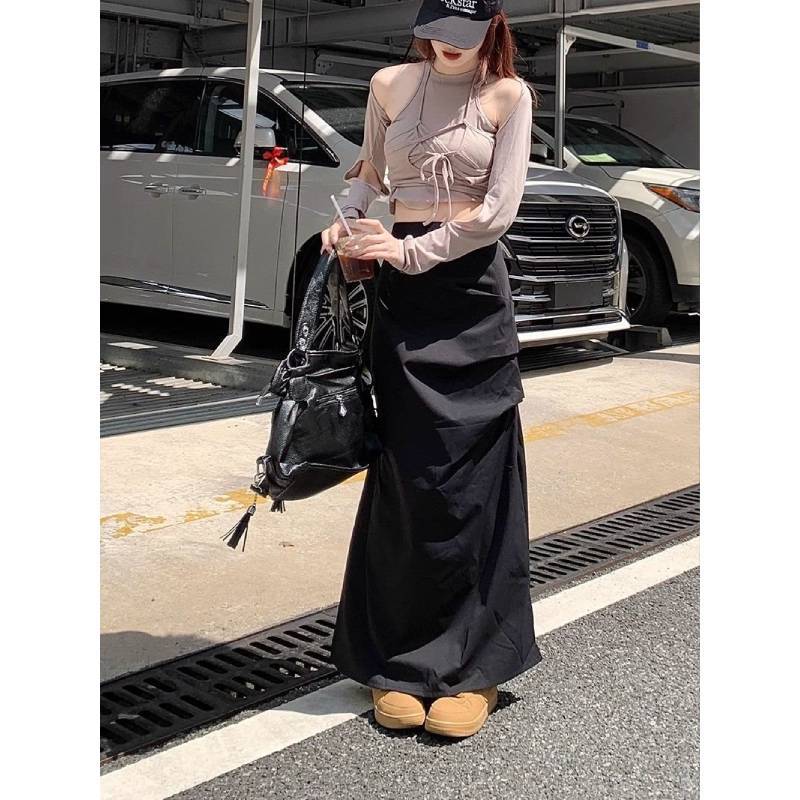Cotton Blend High Waist Pleated Split Midi Skirt For Women Spring Summer