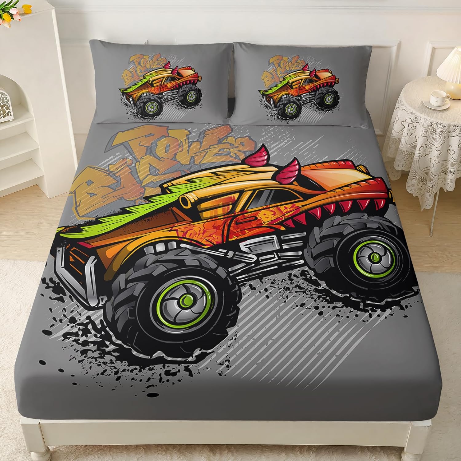 

Cartoon Truck Fitted Sheet Set Monster Truck Kids Bedding for Boys Teens Room Decor 1 Fitted Sheet 2 Pillowcases 90x200cm