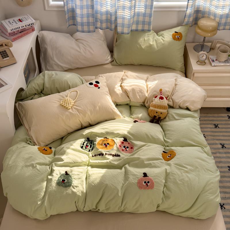 Cartoon Embroidered Cotton Terry Bedding Set - Skin-Friendly, Washable, 4-Piece Set with Bed Sheet and Duvet Cover (Student Size)