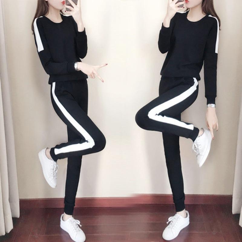 Casual Sports Suit for Women, Spring and Autumn Korean Style Loose Black and White Running Sportswear Sweatshirt Two-piece Set
