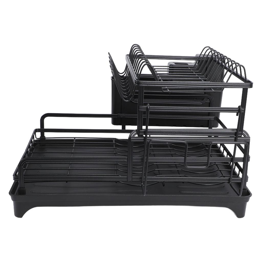 Dish Drying Rack Black Minimalist Space Saving Carbon Steel 2 Tier Dish Drainer for Kitchen Counter