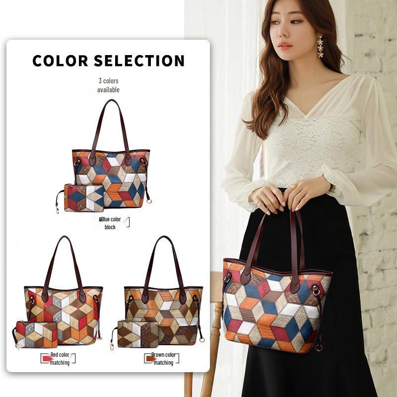 Cross-Border Patchwork Color-Block Tote: Large Capacity 3D Handbag for Moms