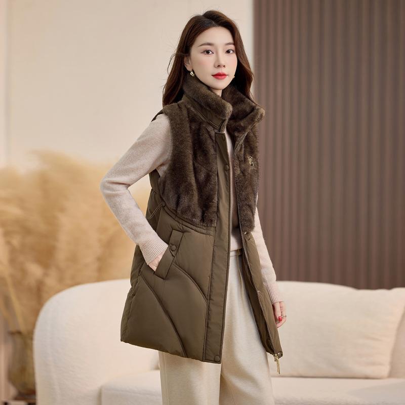 

Женская демисезонная куртка-безрукавка средней длины, легкая, с меховым воротником, капюшоном, утолщенная, теплая, спортивного и повседневного стиля, свободного кроя L темно-коричневого