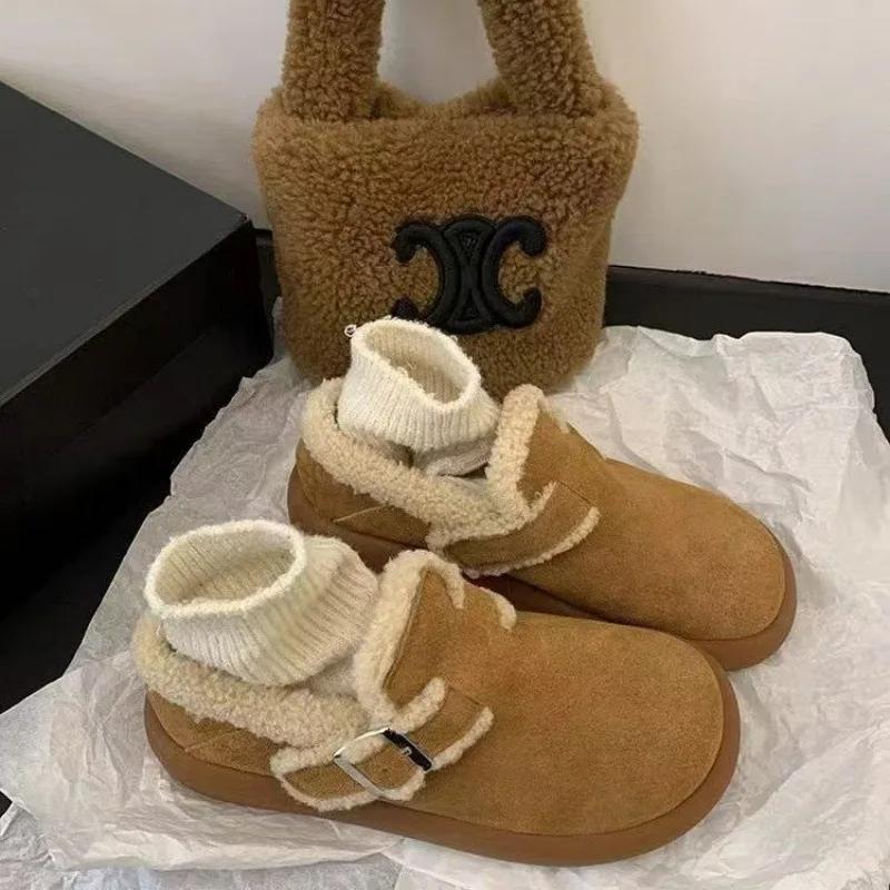 Fashion 2025 Frosted Leather Thick-soled Brown Velvet Boken Shoes Autumn Winter Snow Boots Women's Cotton Sneakers Wear Fluffy Mary Jane