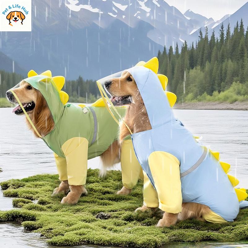 Hunderegenmantel mit Dinosaurier-Design, 4 Beine, Wasserdicht, Haustierkleidung, Sommer, Schwanzform, Regenmantel für große Hunde, Golden Retriever