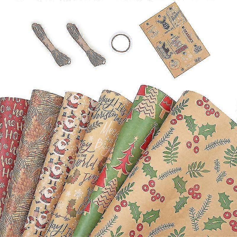 Christmas Wrapping Paper, Made From Recycled Kraft Paper, 6 Folded Sheets 100x44cm With 6 Vintage Designs - Pjun