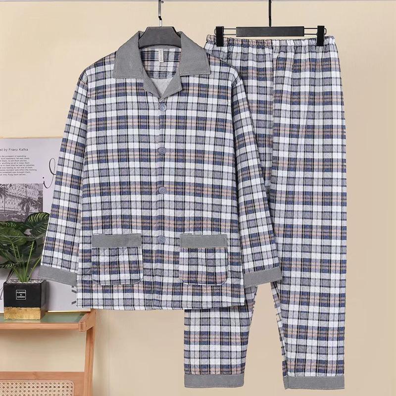 Men's Cotton Plaid Pajamas - Long-Sleeved Cardigan, Lapel, Plus Size, Perfect for Autumn and Winter.