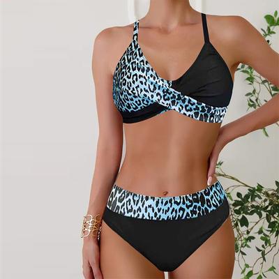 Women's Swimwear Bikini 2 Piece Swimsuit Backless Halter Beach Wear Blue Leopard Print Print Bathing Suits Hanging Neck Swimsuit