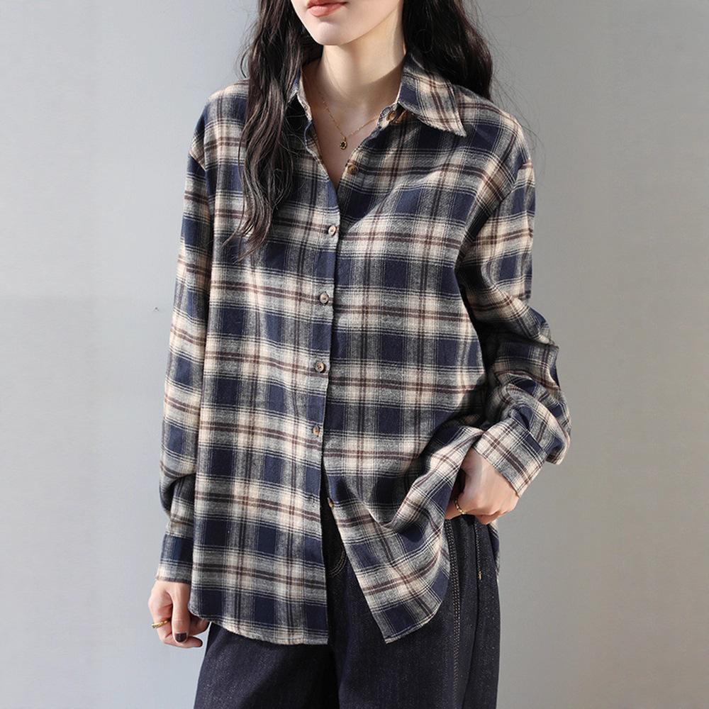Women's Dark Blue Retro Plaid Shirt Jacket - Autumn/Winter 2025 New Korean Style Long Sleeve Top