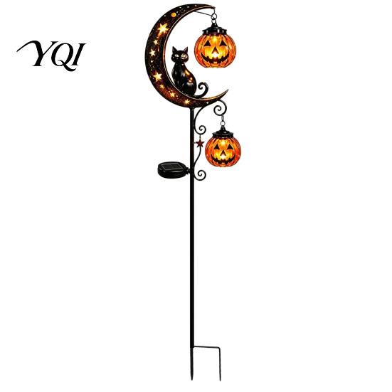 Black Cat And Pumpkin Lawn Decor Halloween Solar Garden Light, Moon Stake Pathway Lights for Home Courtyard Waterproof LED Yard Decoration Outdoor