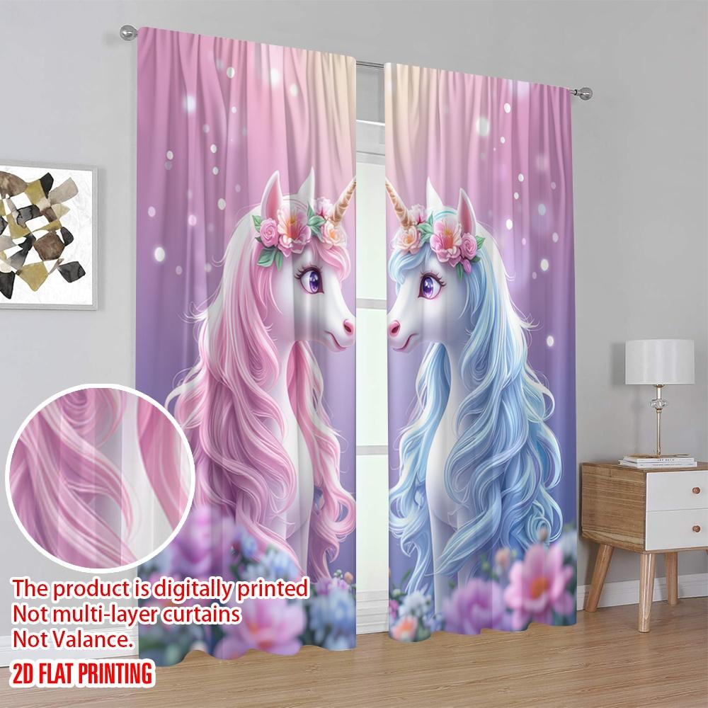2D Flat Printing 2pcs Window Curtains Rainbow Floral Unicorn Versatile Durable Polyester Without Electricity Festive Wall Decor