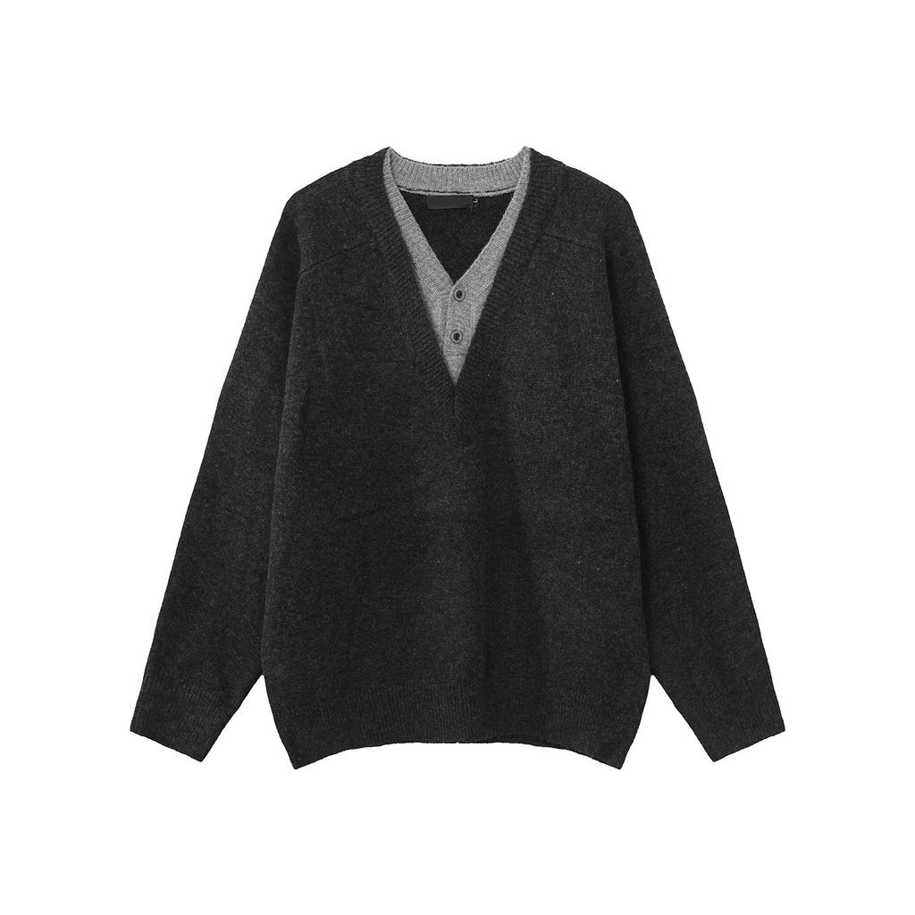 Dark gray V-neck fake two-piece knitted sweater jacket men's autumn wear Korean version of college style lazy bottoming sweater