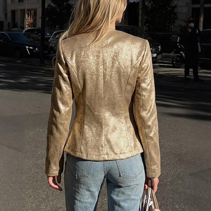 Tiktok Temperament Retro Style Gold V-Neck Slim Long-Sleeved Blazer