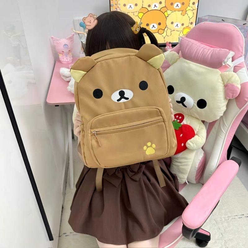 Homemade high-value Japanese cute canvas brown embroidery bear versatile student soft girl backpack super cute schoolbag
