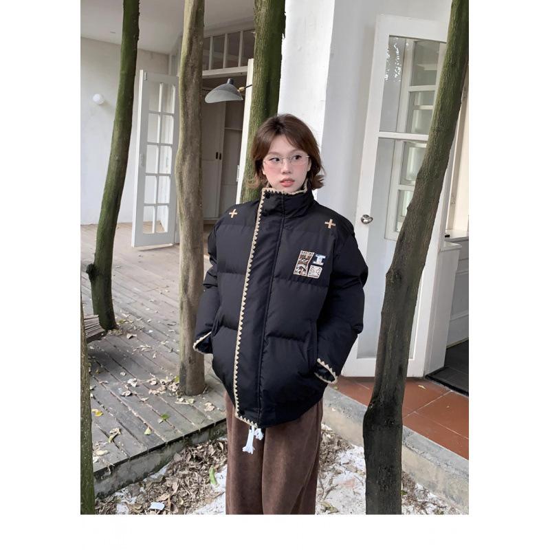 

Ретро вышивка буква модный бренд черная хлопковая одежда мужская и женская зимняя утолщенная хайстрит воротник-стойка теплая одежда-пуховик S