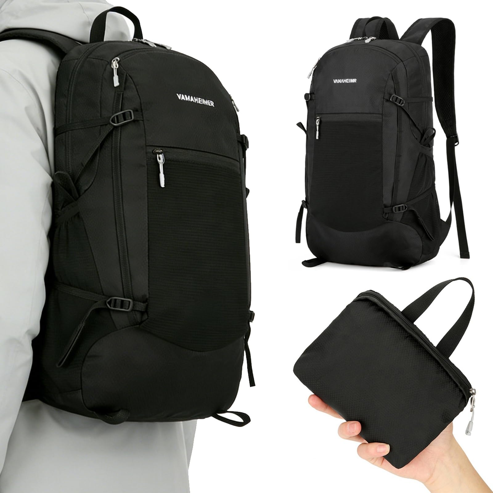 [raisme] Foldable Backpack, Hiking Backpack, Large Capacity 25L, Ultralight Portable Backpack, Packable, Waterproof Nylon, for Hiking, Travel, Men s