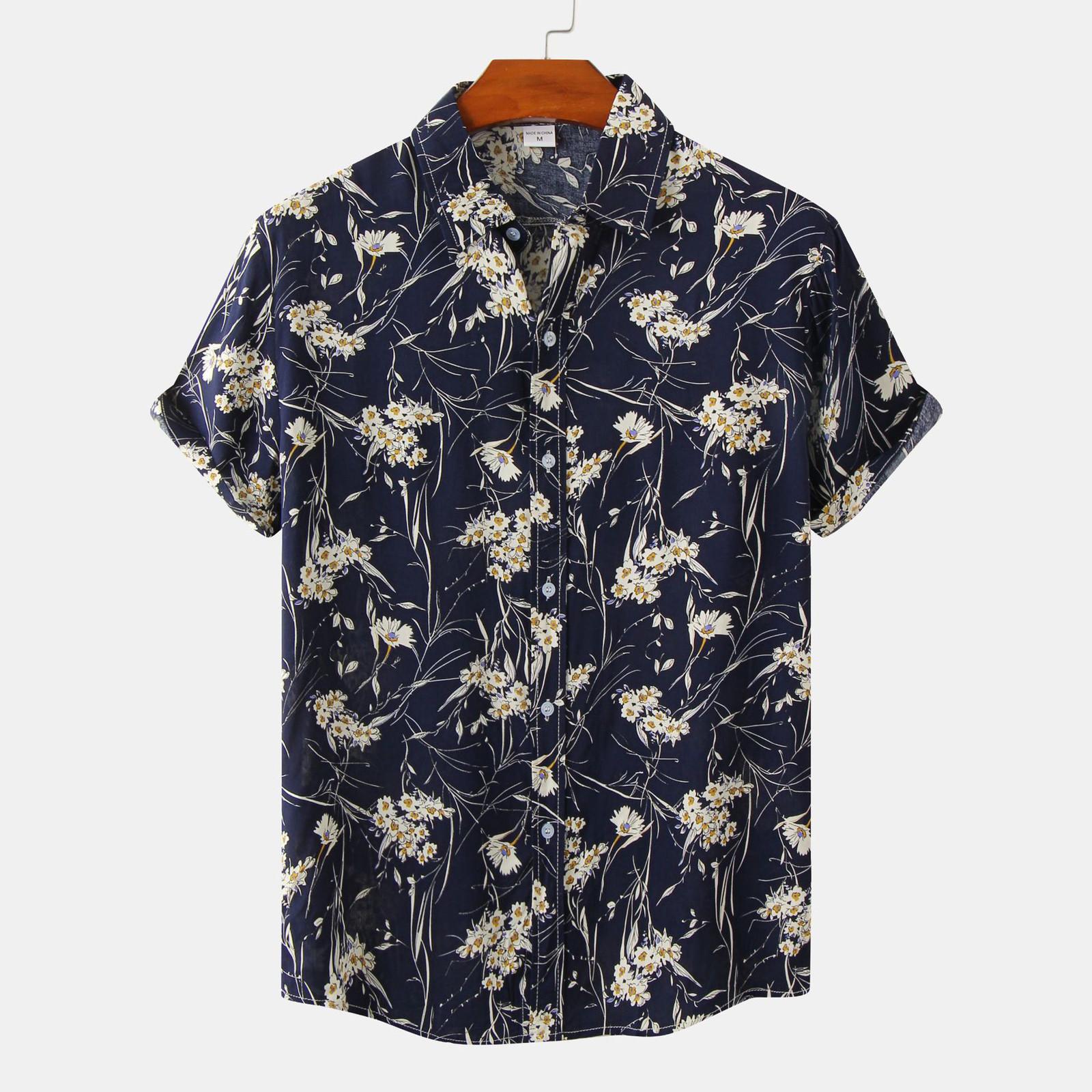 

Men s Hawaiian Print Casual Top Loose Short Sleeve Lapel Shirt L Темно-синій
