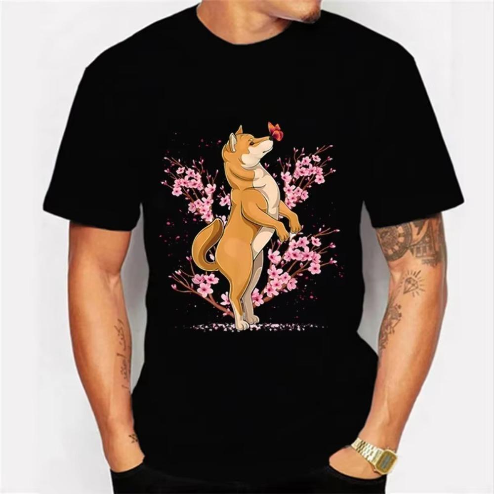 Men's T-shirt Japanese Shiba Inu Cherry Blossom Flower Sakura Trees Kawaii T Shirt Men Women Tshirt Male Classic T-shirt Hombre