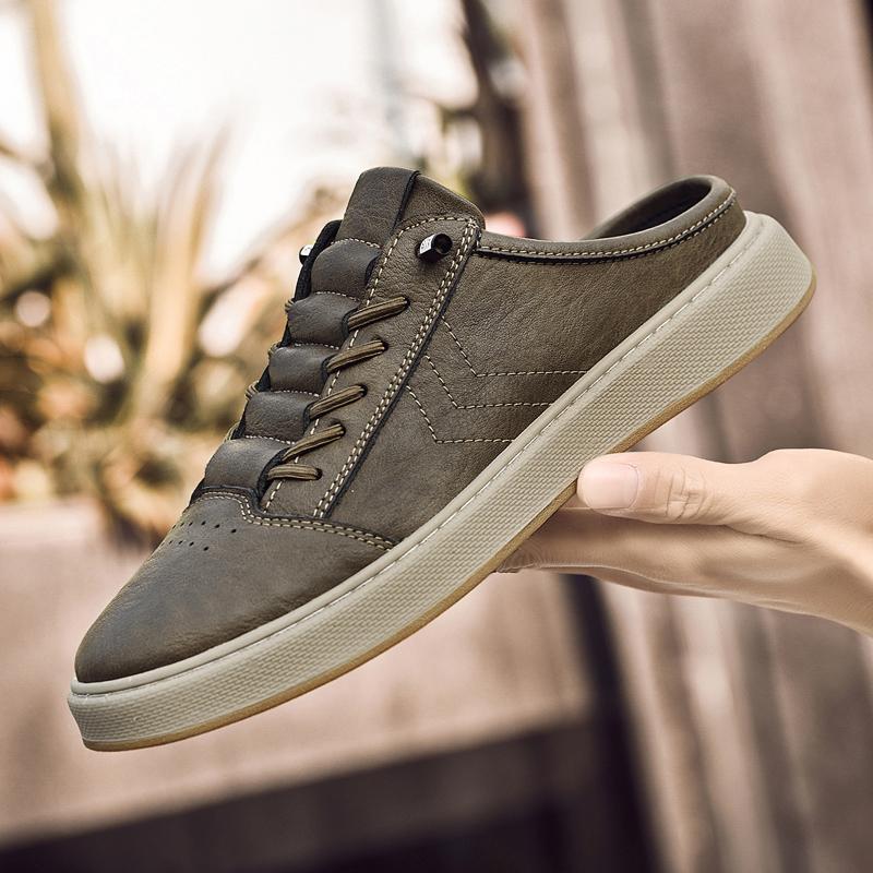 

2024 Стильные мужские слипоны из натуральной кожи, уличные мужские туфли-мюли, ручной работы, летние мужские полусабо, высокое качество 46 хаки