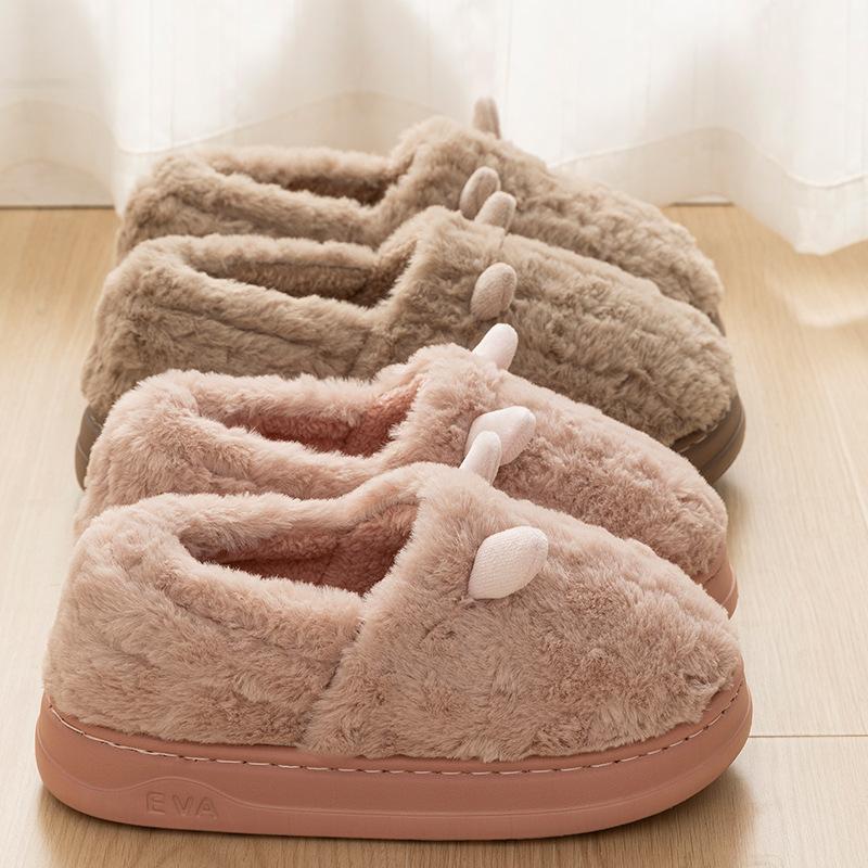New autumn and winter imitation rabbit hair cotton slippers home indoor warm thick bottom couple hair slippers men's bag heel