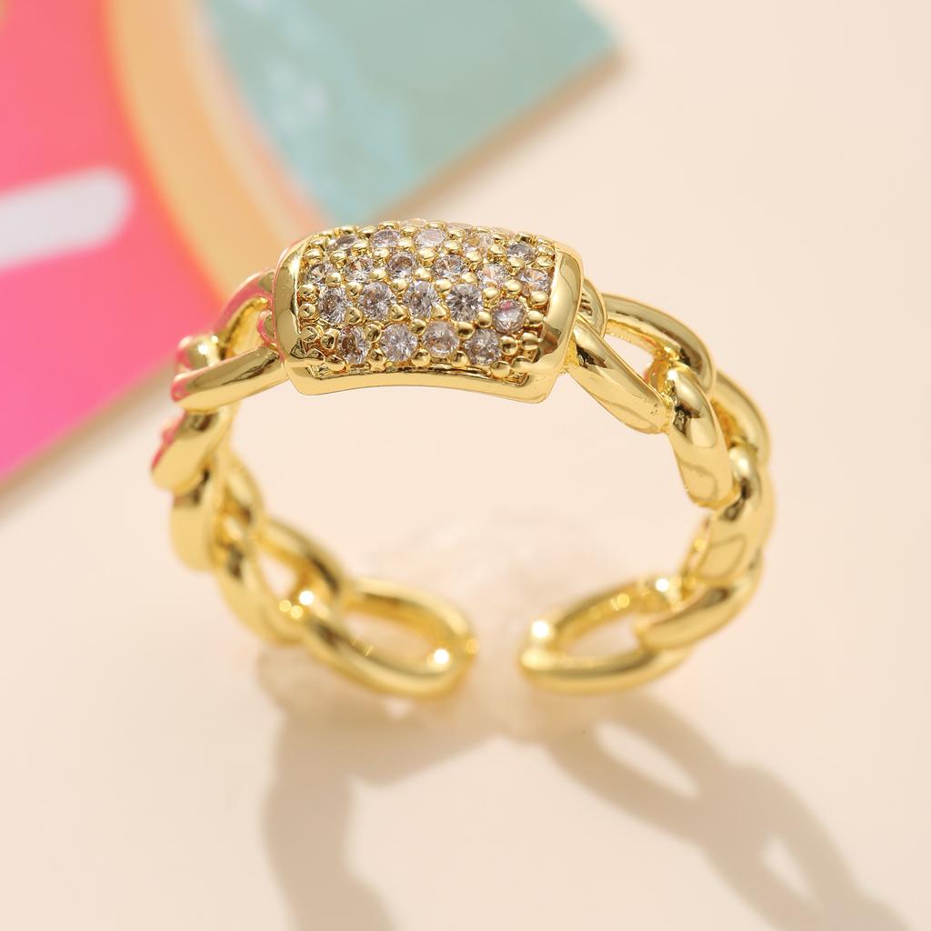 Golden Plated Cuban Link Open Adjustable Ring with Synthetic Zircon Heart for Women Trendy Statement Jewelry Gift