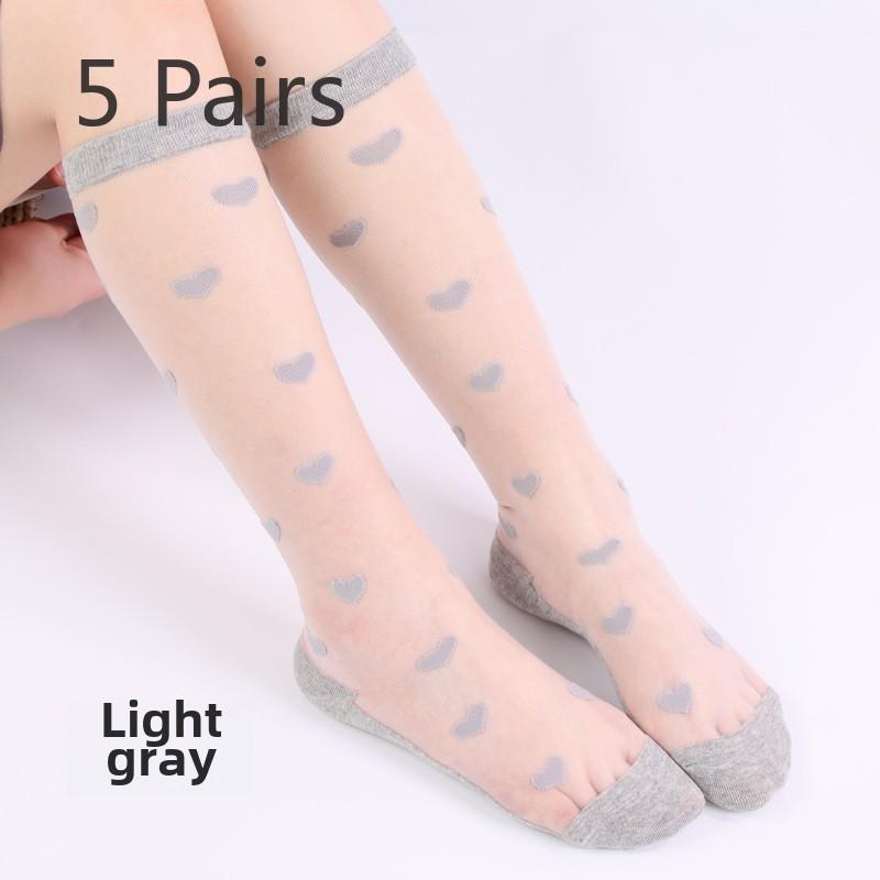 5 Pairs Women's Spring and Summer Stockings In The Tube Love Jacquard Transparent Stockings Glass Silk Stockings for Women