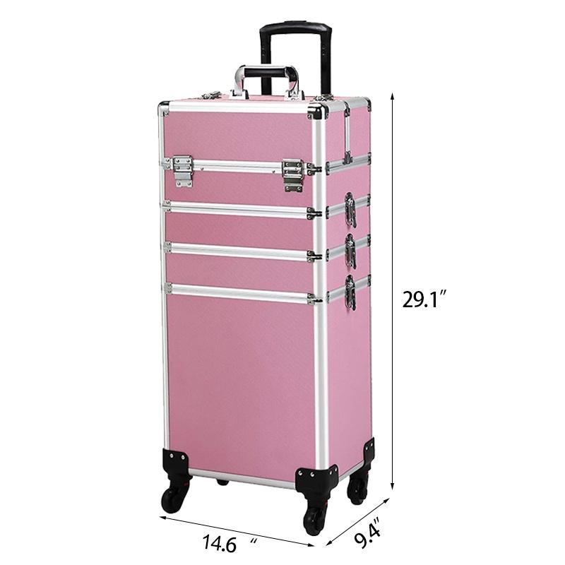Professioneller Kosmetikkoffer mit großer Kapazität, tragbarer Aluminium-Make-up-Organizer-Koffer-Trolley für Damen, Reise-Make-up, Pink/Schwarz, 4-in-1